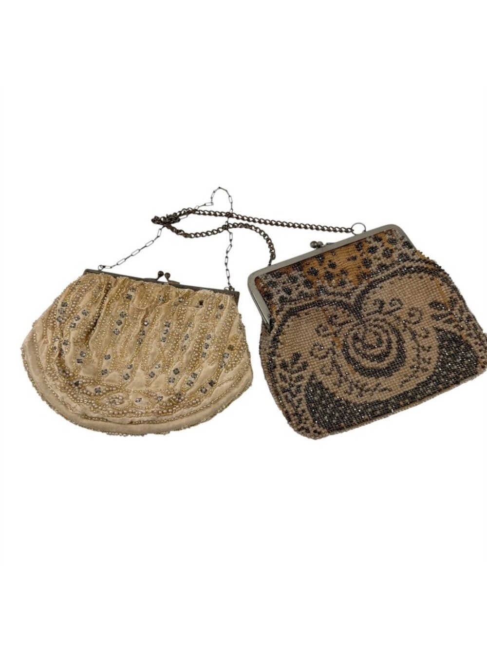 Victorian Cream Silk Beaded Evening Bag & Brown Tan Beaded Vintage 1930s